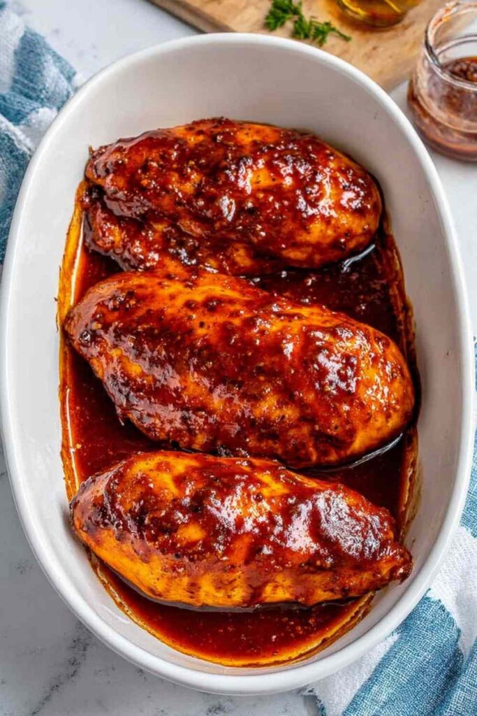 Baked BBQ Chicken Breast - Easy Weeknight Dinner the Whole Family Will Love 6 Baked BBQ chicken breast on white plate with caramelized sauce
