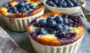 Baked blueberry cottage cheese bowls in white ramekins with fresh blueberries on top