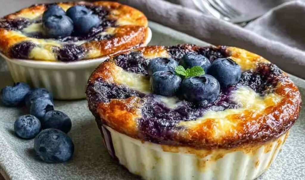 Baked blueberry cottage cheese bowls in white ramekins with fresh blueberries on top