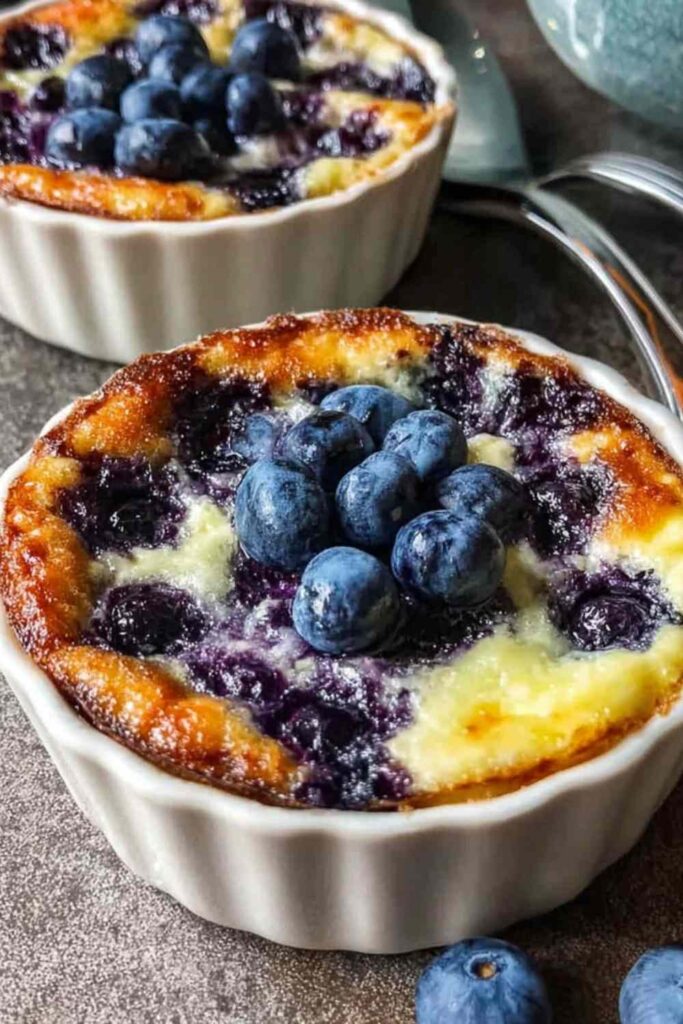 Baked blueberry cottage cheese bowls in white ramekins with fresh blueberries on top