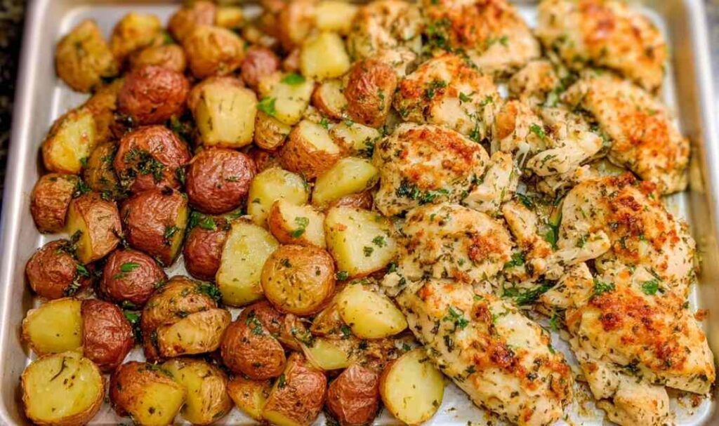 Baked garlic parmesan chicken and potatoes on a sheet pan with golden crispy edges and melted cheese