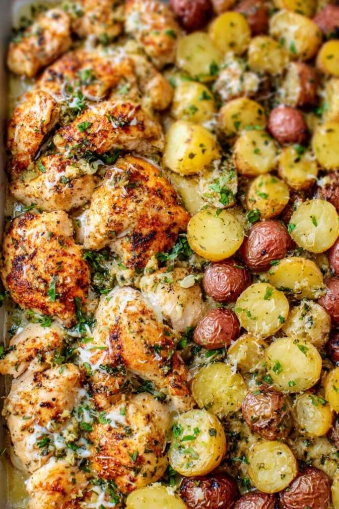 Baked garlic parmesan chicken and potatoes on a sheet pan with golden crispy edges and melted cheese