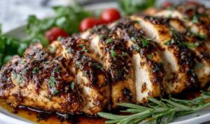 Balsamic baked chicken breast on white plate with fresh basil garnish and glossy glaze