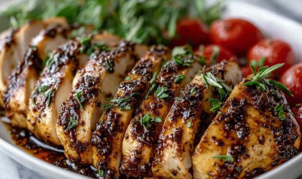 Balsamic baked chicken breast on white plate with fresh basil garnish and glossy glaze
