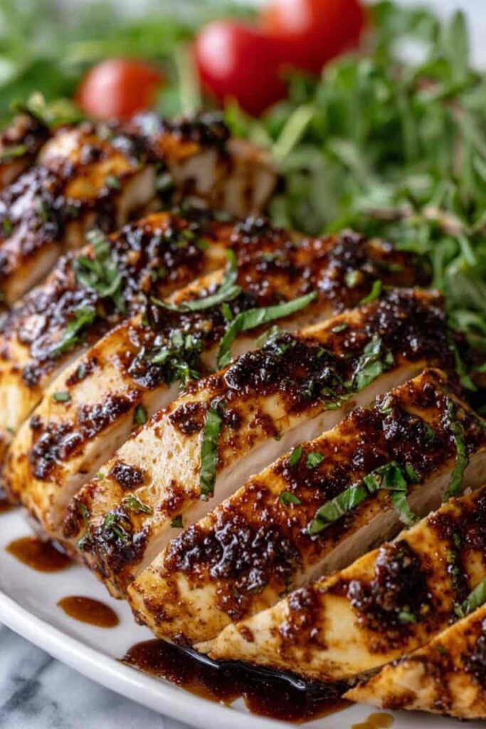 Balsamic baked chicken breast on white plate with fresh basil garnish and glossy glaze
