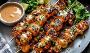 Bang bang chicken skewers on white platter garnished with green onions and sesame seeds