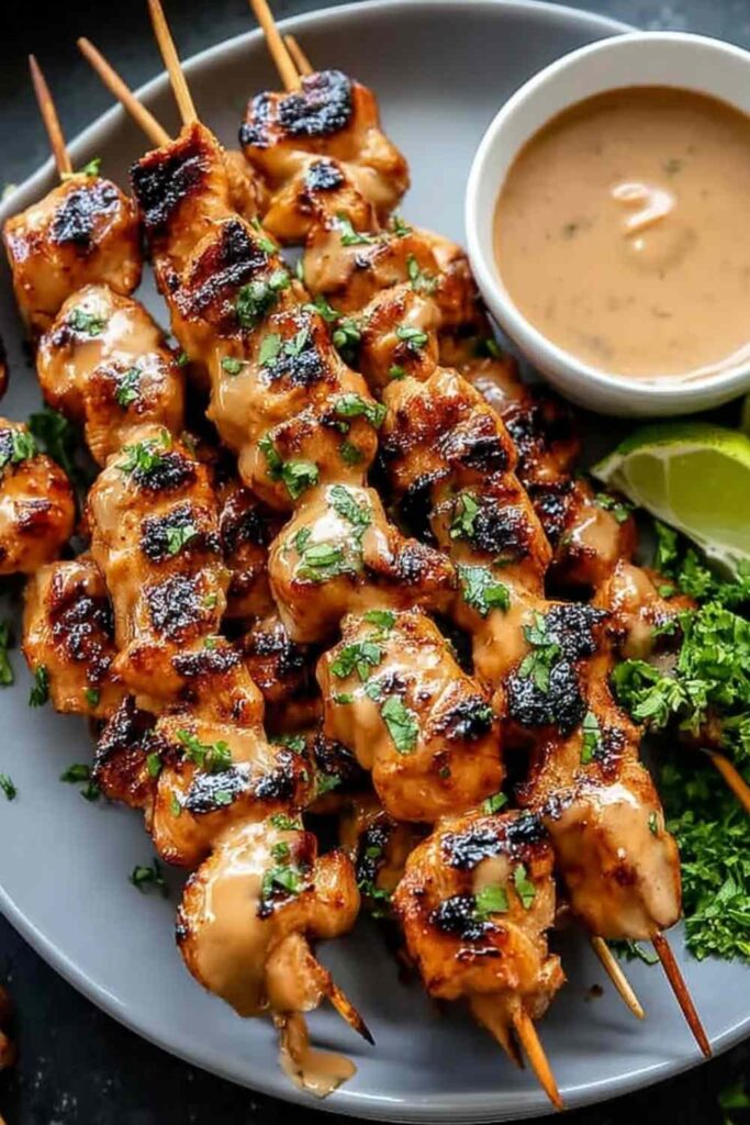Bang bang chicken skewers on white platter garnished with green onions and sesame seeds