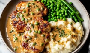 Creamy Boursin Chicken skillet with garlic herb sauce and fresh parsley garnish
