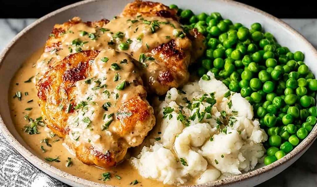 Creamy Boursin Chicken skillet with garlic herb sauce and fresh parsley garnish