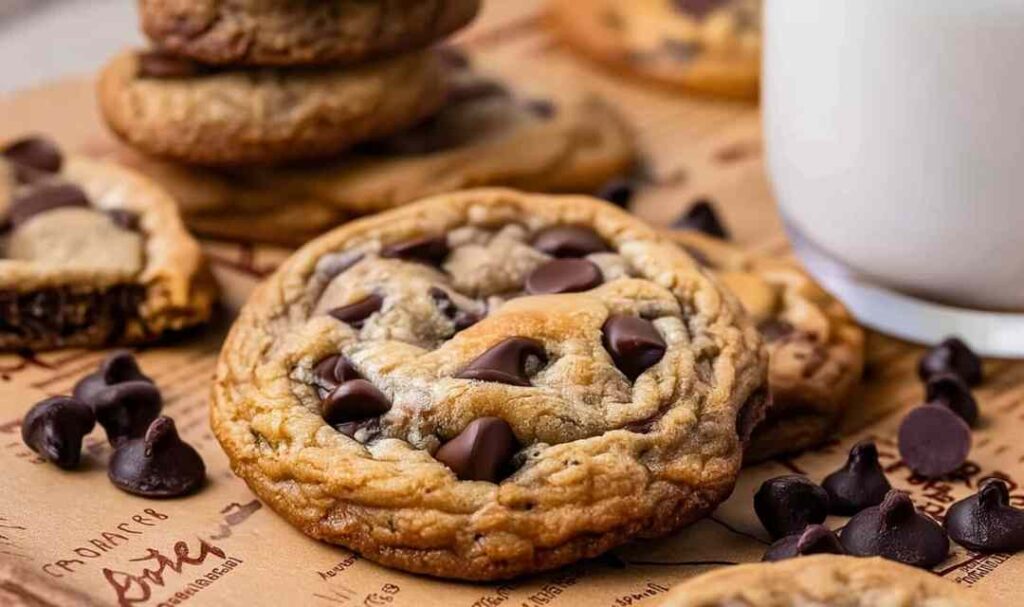 Brown butter sourdough discard chocolate chip cookies stacked on white plate with glass of milk