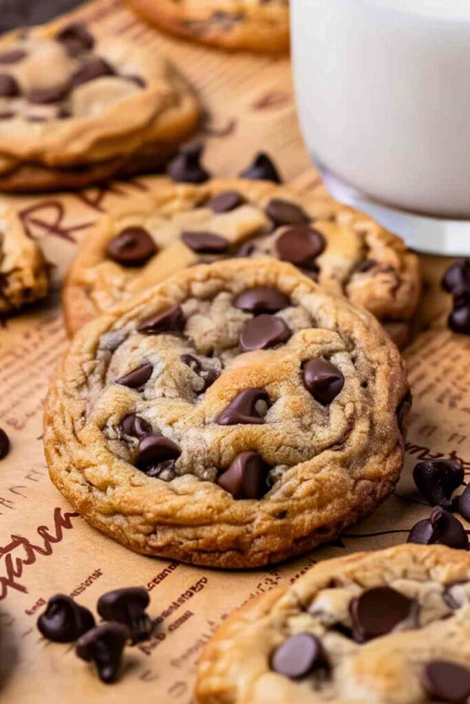 Brown butter sourdough discard chocolate chip cookies stacked on white plate with glass of milk