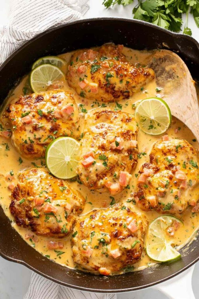 Cajun Chicken in creamy sauce with tomatoes served in cast iron skillet with rice