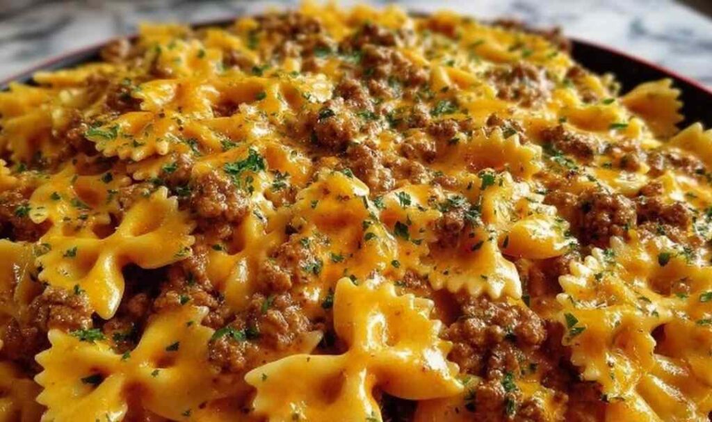 Cajun Cream Cheese Alfredo Bowties with spiced ground beef served in a white bowl garnished with fresh parsley