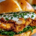 Cajun crispy chicken sandwich with garlic aioli on a toasted brioche bun with lettuce, tomato, and dill pickles