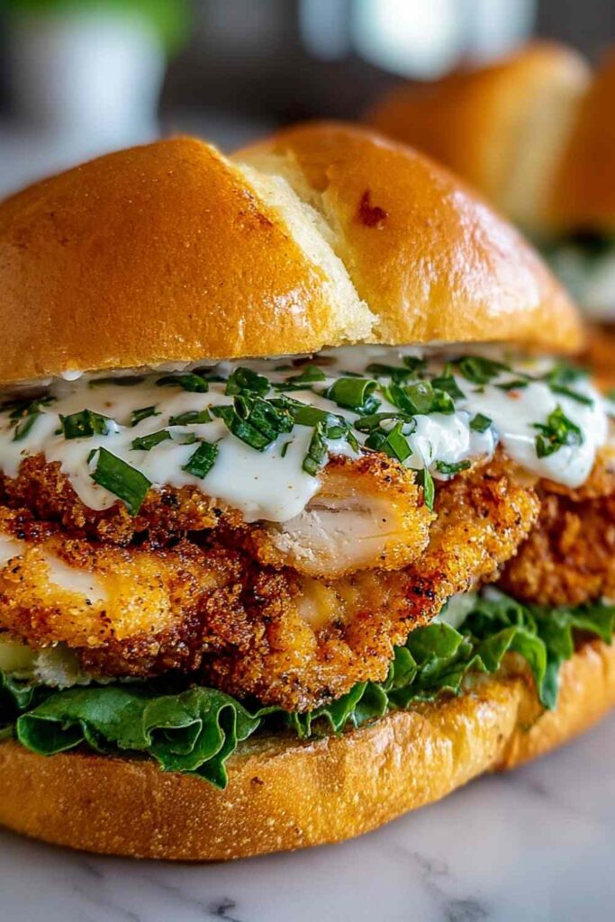 Cajun Crispy Chicken Sandwich with Garlic Aioli 6 Cajun crispy chicken sandwich with garlic aioli on a toasted brioche bun with lettuce, tomato, and dill pickles