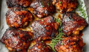 Caramelized BBQ Chicken Thighs in the Oven Caramelized BBQ chicken thighs in the oven with sticky honey glaze on a lined baking sheet