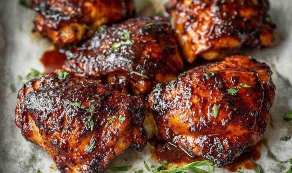 Caramelized BBQ Chicken Thighs in the Oven 5 Caramelized BBQ chicken thighs in the oven with sticky honey glaze on a lined baking sheet