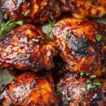 Caramelized BBQ chicken thighs in the oven with sticky honey glaze on a lined baking sheet