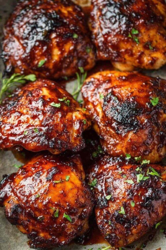 Caramelized BBQ Chicken Thighs in the Oven 6 Caramelized BBQ chicken thighs in the oven with sticky honey glaze on a lined baking sheet