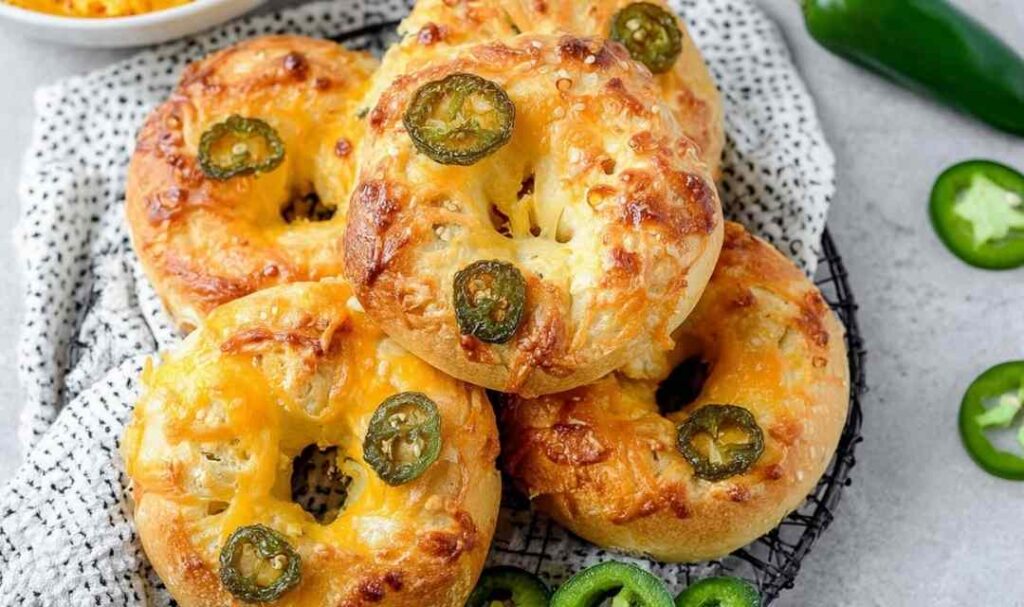Golden brown jalapeno bagels with everything seasoning on cooling rack