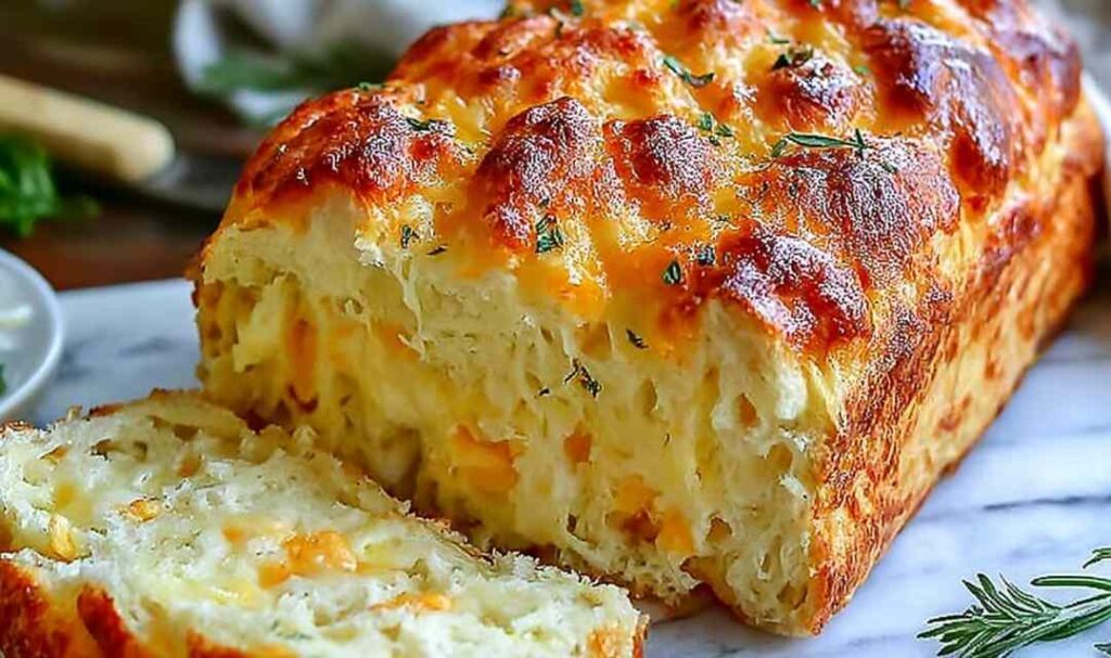 Easy cheese bread sliced on cutting board showing soft fluffy interior with melted cheddar
