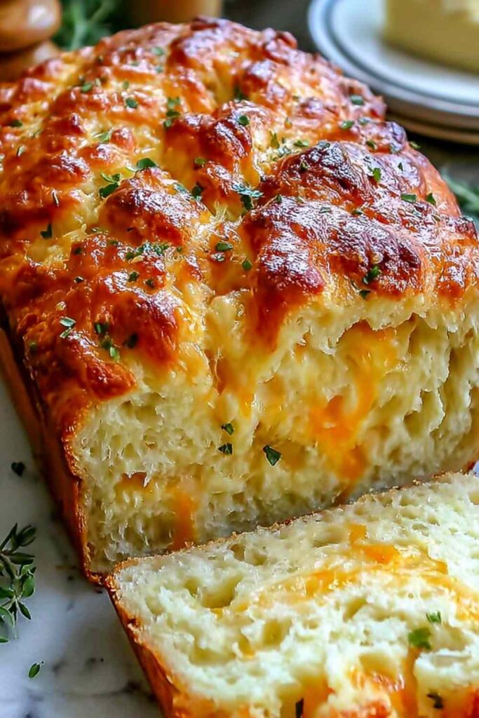Easy cheese bread sliced on cutting board showing soft fluffy interior with melted cheddar