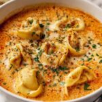 Cheesy tomato tortellini soup in a white Dutch oven with melted mozzarella and fresh basil garnish