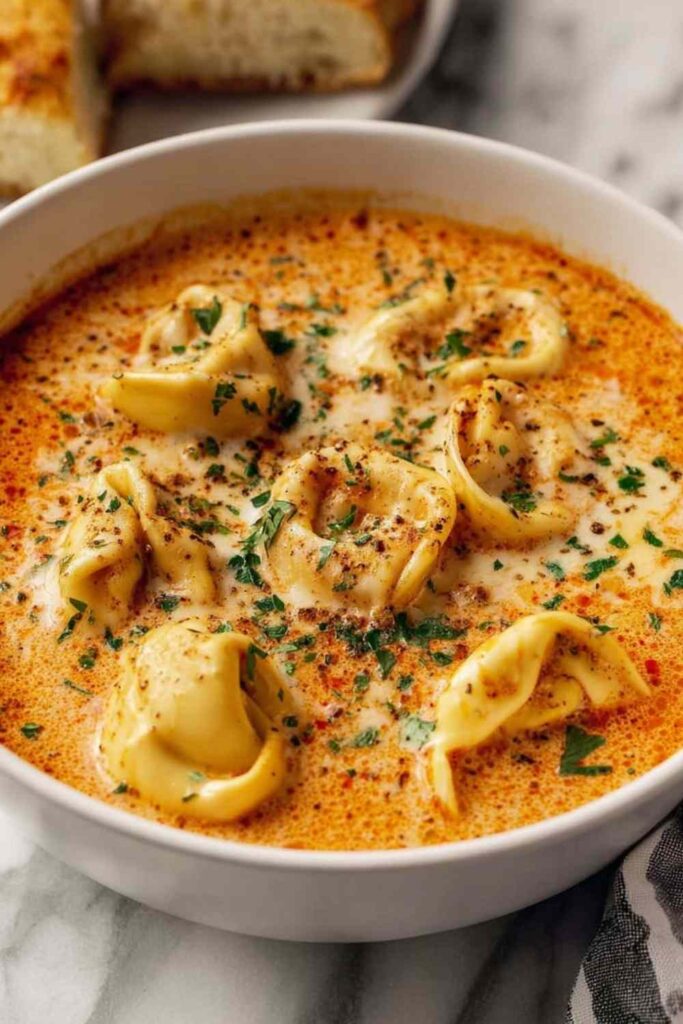 Cheesy tomato tortellini soup in a white Dutch oven with melted mozzarella and fresh basil garnish