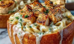 Chicken Alfredo Garlic Bread Bowls filled with creamy chicken alfredo and bubbling mozzarella cheese on a wooden board