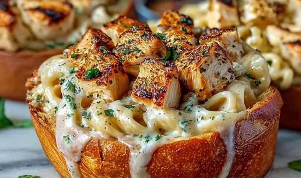 Chicken Alfredo Garlic Bread Bowls 5 Chicken Alfredo Garlic Bread Bowls filled with creamy chicken alfredo and bubbling mozzarella cheese on a wooden board