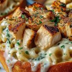 Chicken Alfredo Garlic Bread Bowls filled with creamy chicken alfredo and bubbling mozzarella cheese on a wooden board