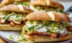 Chicken Caesar Sandwich Chicken Caesar sandwich on toasted ciabatta with romaine lettuce, shaved Parmesan, and creamy Caesar dressing