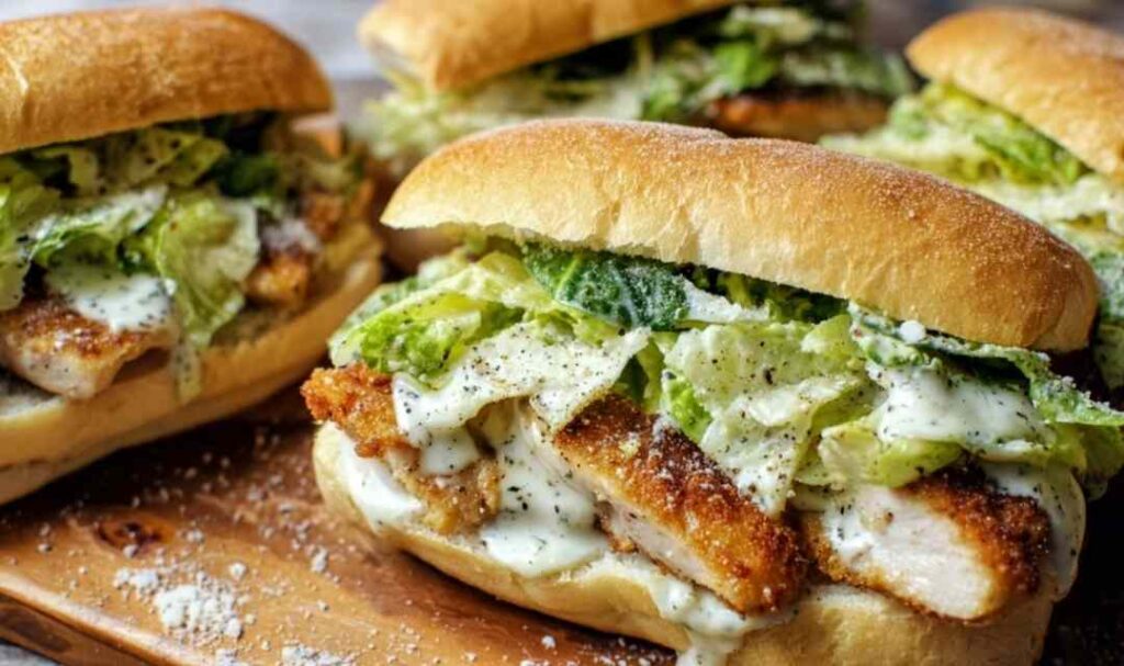 Chicken Caesar sandwich on toasted ciabatta with romaine lettuce, shaved Parmesan, and creamy Caesar dressing