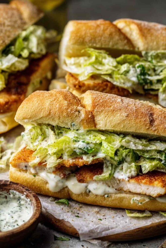 Chicken Caesar sandwich on toasted ciabatta with romaine lettuce, shaved Parmesan, and creamy Caesar dressing