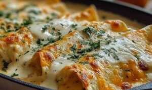 Chicken Enchiladas with Sour Cream White Sauce Chicken enchiladas with sour cream white sauce baked golden in a casserole dish topped with melted cheese and fresh cilantro