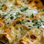 Chicken enchiladas with sour cream white sauce baked golden in a casserole dish topped with melted cheese and fresh cilantro