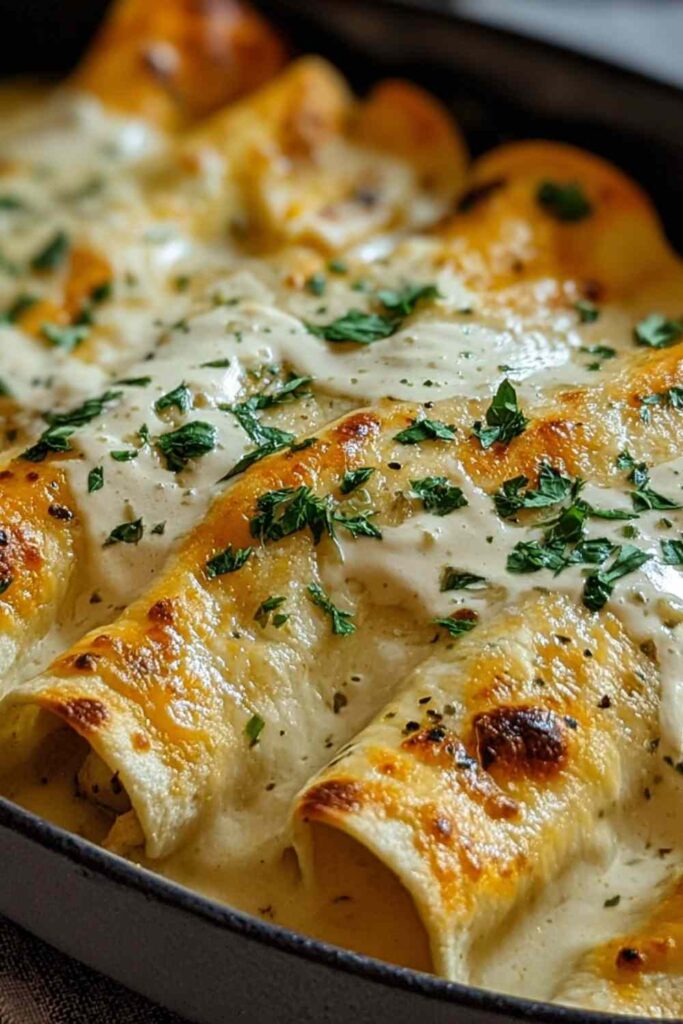 Chicken enchiladas with sour cream white sauce baked golden in a casserole dish topped with melted cheese and fresh cilantro