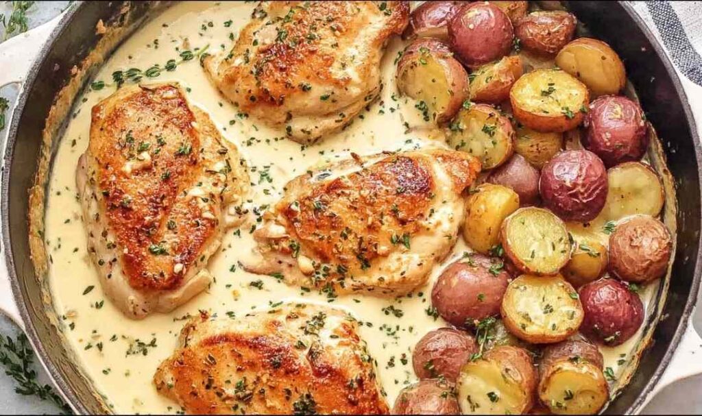 Chicken and potatoes with dijon cream sauce in a skillet garnished with fresh herbs