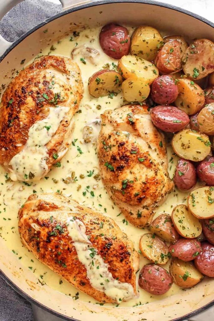 Chicken and potatoes with dijon cream sauce in a skillet garnished with fresh herbs