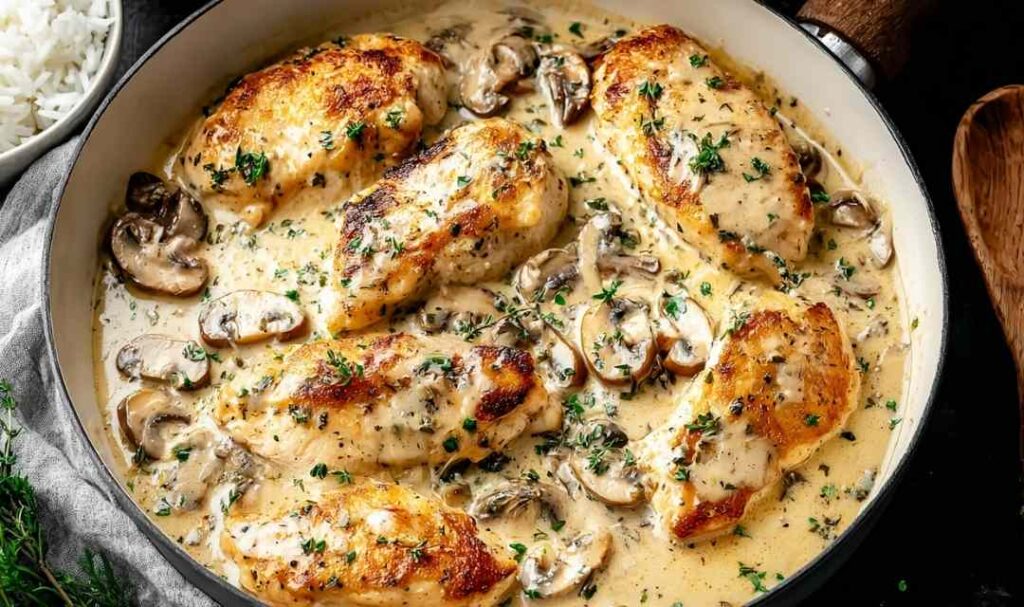 Golden chicken breasts in creamy white wine sauce with fresh thyme in a skillet