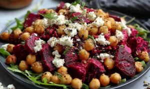 Chickpea beet and feta salad in white bowl with fresh herbs and lemon dressing