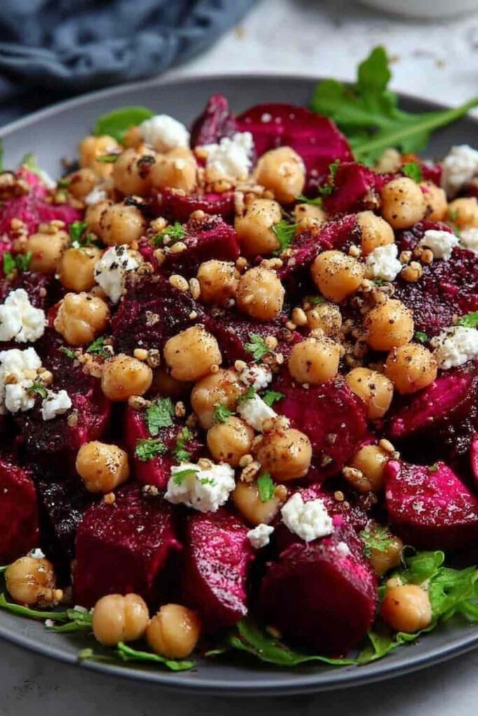 Chickpea Beet and Feta Salad 6 Chickpea beet and feta salad in white bowl with fresh herbs and lemon dressing