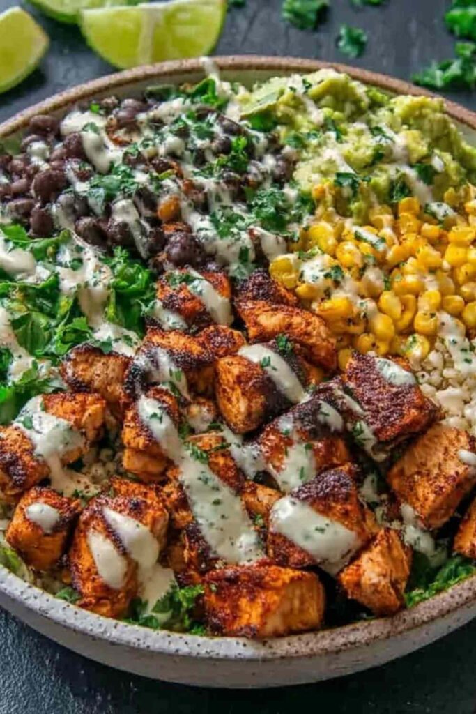 Chipotle chicken bowl with seasoned chicken, brown rice, black beans, corn, avocado, and lime wedges