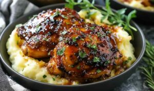 Chipotle Honey Chicken Thighs with Smoked Gouda Mashed Potatoes Chipotle honey chicken thighs with smoked gouda mashed potatoes on a white plate garnished with green beans