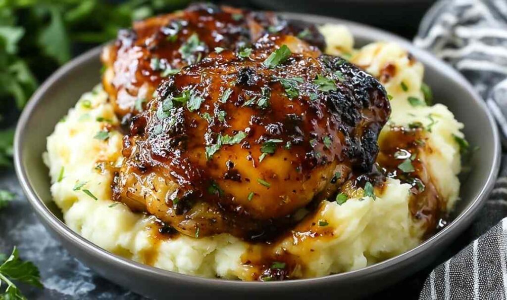 Chipotle Honey Chicken Thighs with Smoked Gouda Mashed Potatoes 5 Chipotle honey chicken thighs with smoked gouda mashed potatoes on a white plate garnished with green beans