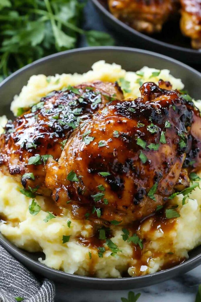 Chipotle Honey Chicken Thighs with Smoked Gouda Mashed Potatoes 6 Chipotle honey chicken thighs with smoked gouda mashed potatoes on a white plate garnished with green beans