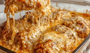 Cottage Cheese Chicken Parm Bowl with melted mozzarella cheese and fresh basil garnish in white bowl