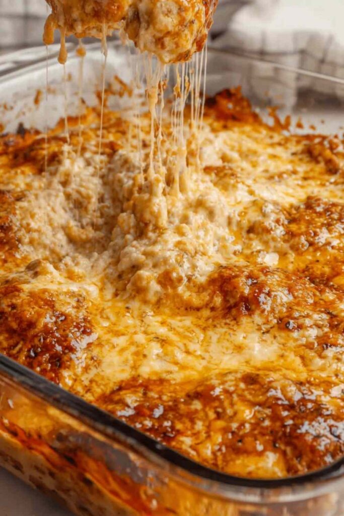 Cottage Cheese Chicken Parm Bowl with melted mozzarella cheese and fresh basil garnish in white bowl