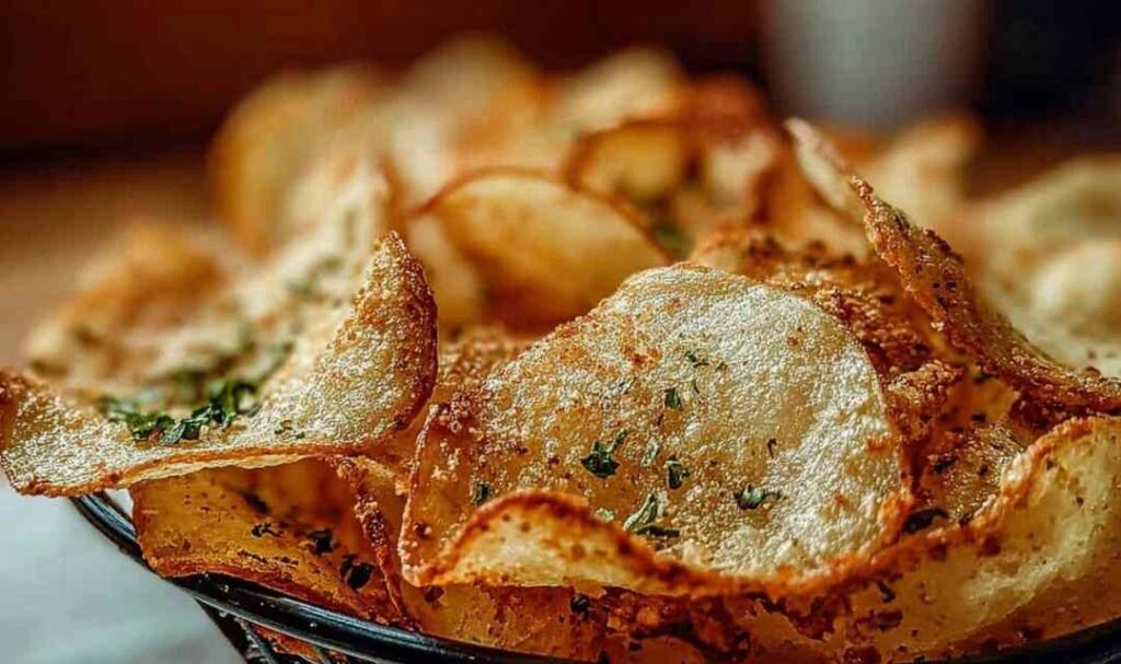Crispy golden Protein Cottage Cheese Chips on white plate with bowl of salsa