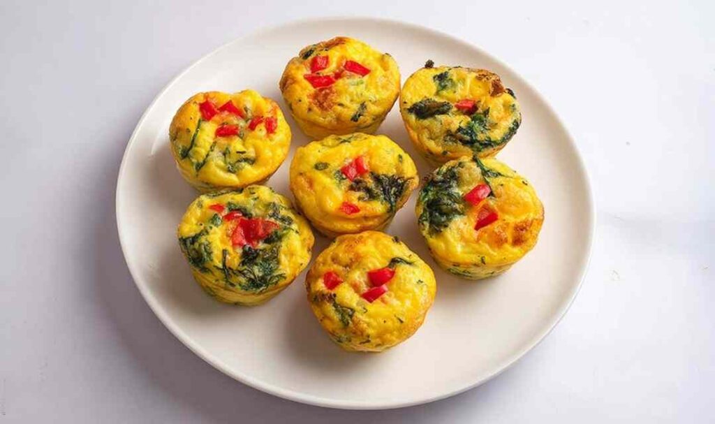 Cottage cheese egg bites in muffin tin fresh from oven with golden tops